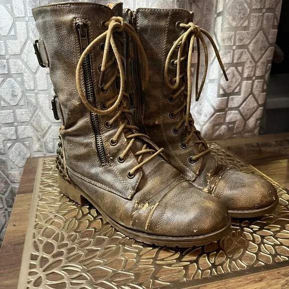 Brown Lace-Up Combat Boots - Picture 3 of 10